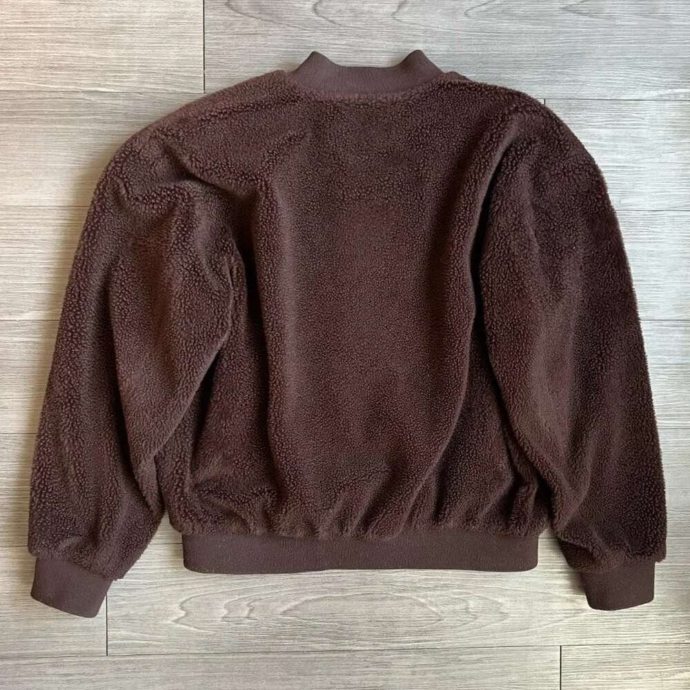 ASOS Design Faux Fur Varsity Bomber Jacket Embroidery Patch Brown Size M